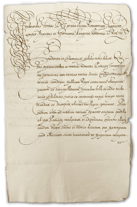 Titulný list nariadenia kráľa Ferdinanda III. richtárovi a rade mesta Trenčín, aby nereagovali na výzvu sedmohradského kniežaťa k insurekcii