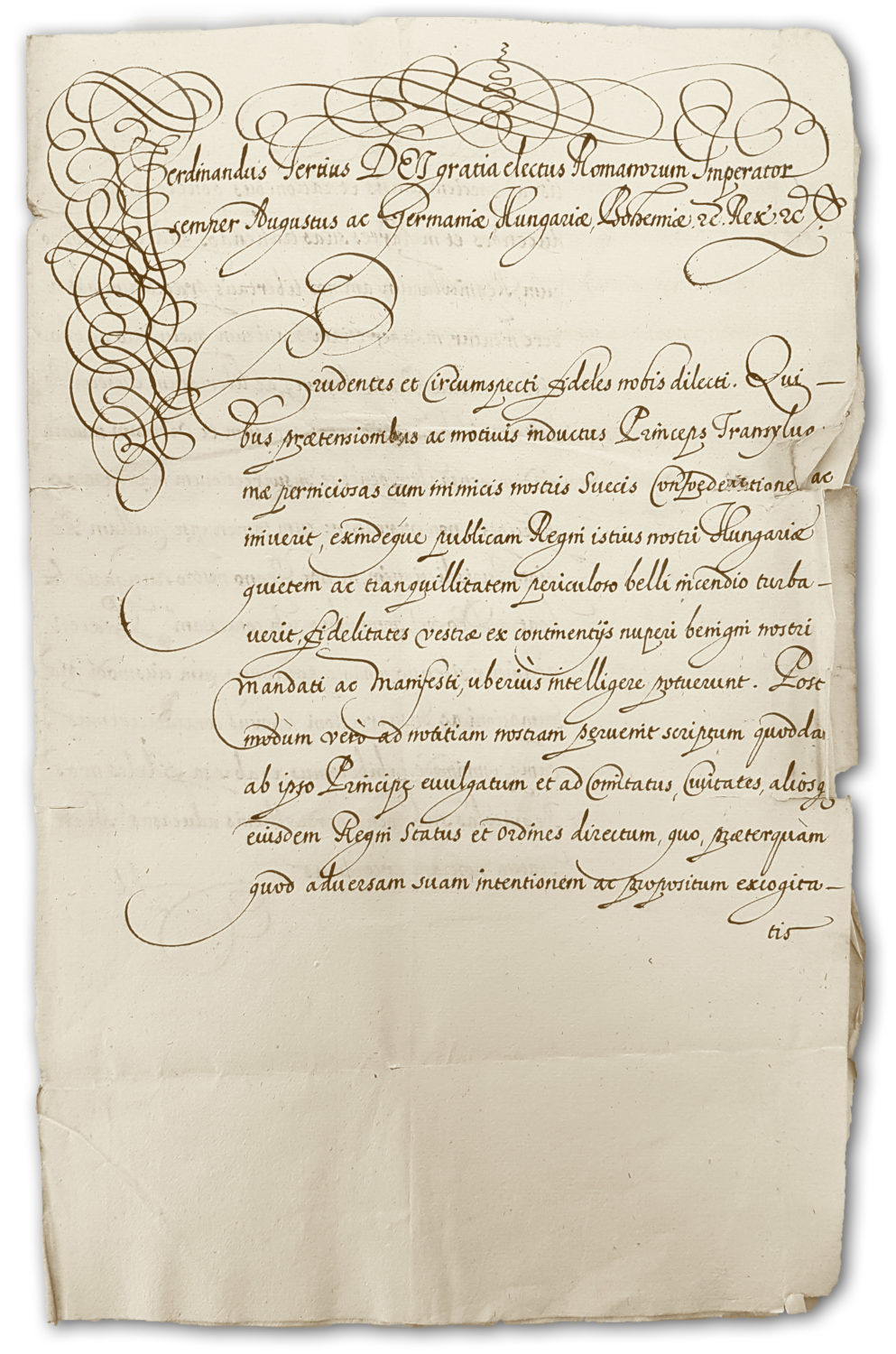 Titulný list nariadenia kráľa Ferdinanda III. richtárovi a rade mesta Trenčín, aby nereagovali na výzvu sedmohradského kniežaťa k insurekcii
