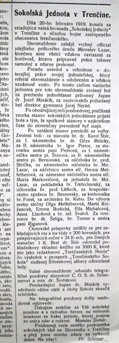 Správa o ustanovujúcom valnom zhromaždení Sokola v Trenčíne v Trenč. Novinách.