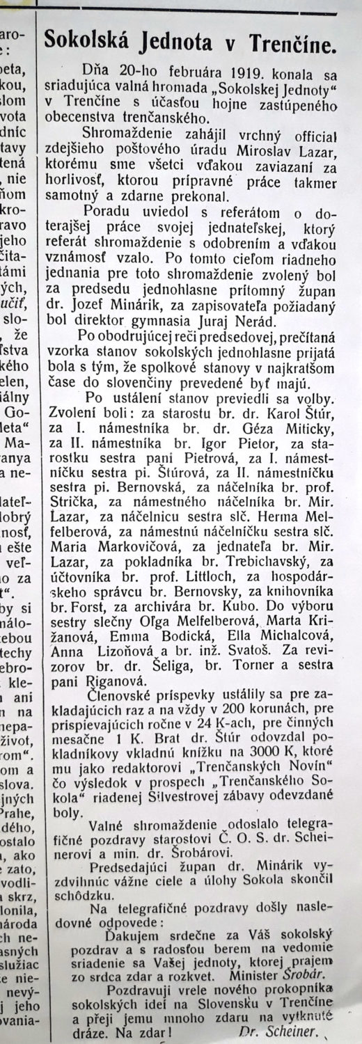 Správa o ustanovujúcom valnom zhromaždení Sokola v Trenčíne v Trenč. Novinách.