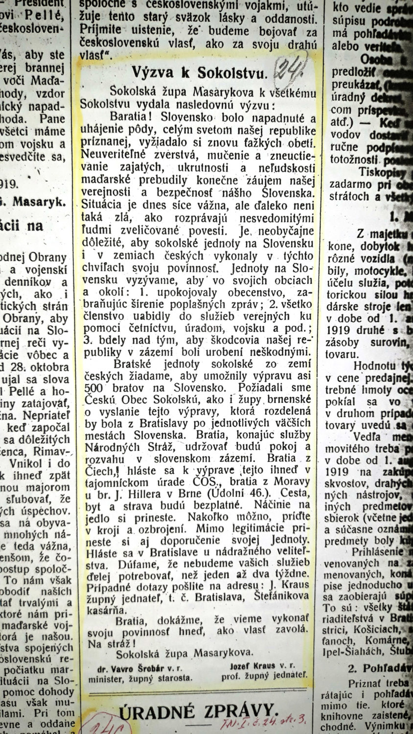 Výzva Sokolskej župy Masarykovej v súvislosti s napadnutím Slovenska maďarskou armádou v Trenč. Novinách.