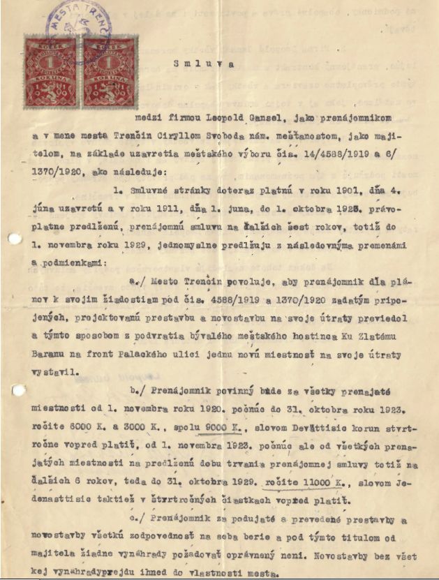Nájomná zmluva medzi firmou Leopold Gansel a mestom Trenčín, rok 1920.