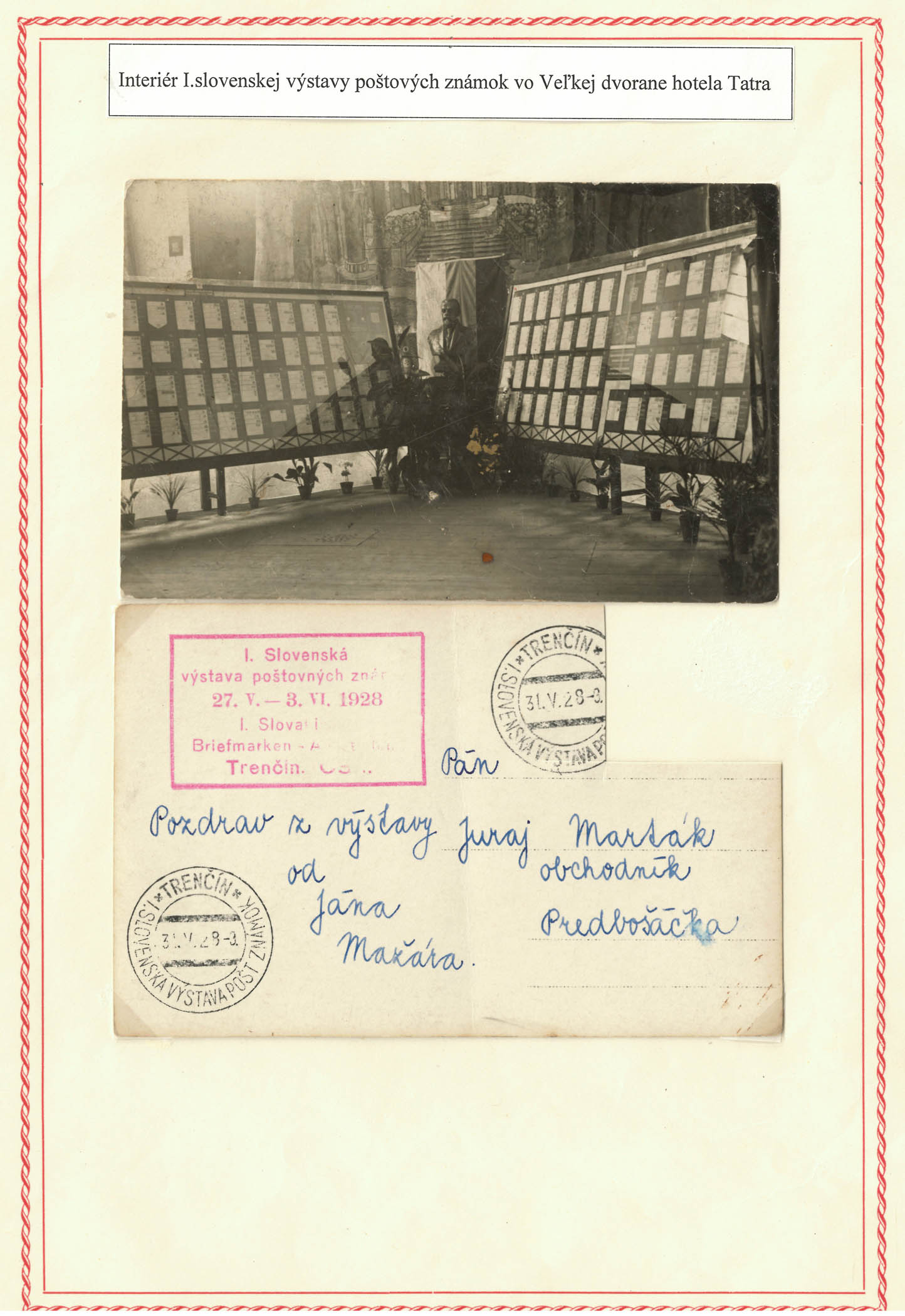 Obrázok č. 1: Interiér I. slovenskej výstavy poštových známok vo veľkej dvorane hotela Tatra. Osobný fond Jozef Korený, Štátny archív v Trenčíne.