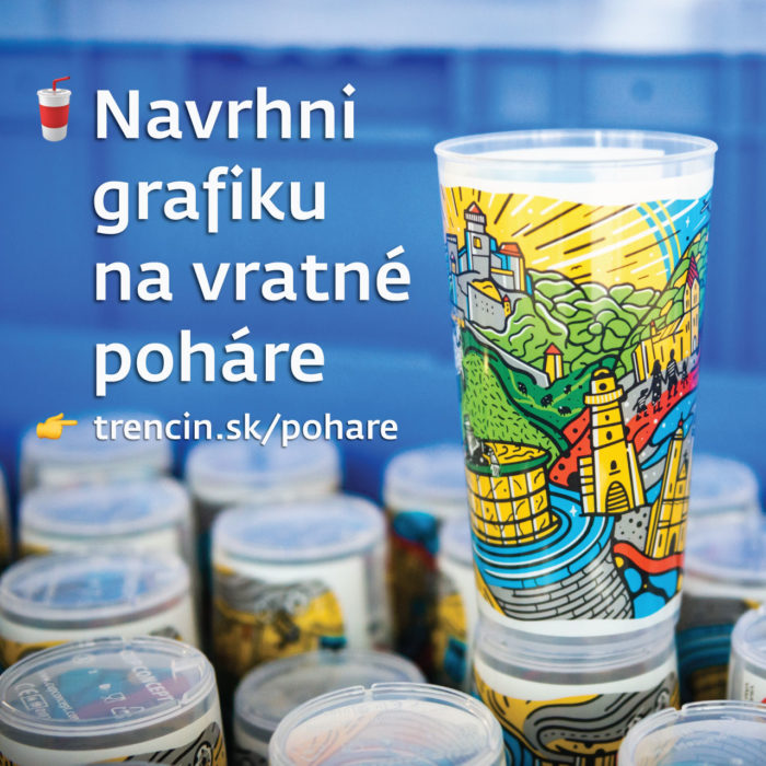 reklamna grafika s plastovym poharom s farebnou grafikou o pamiatkach v trencine