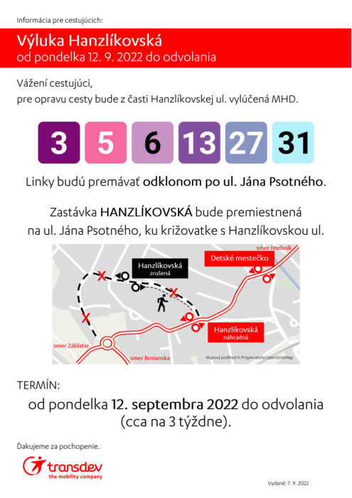 výluka MHD na Hanzlíkovskej